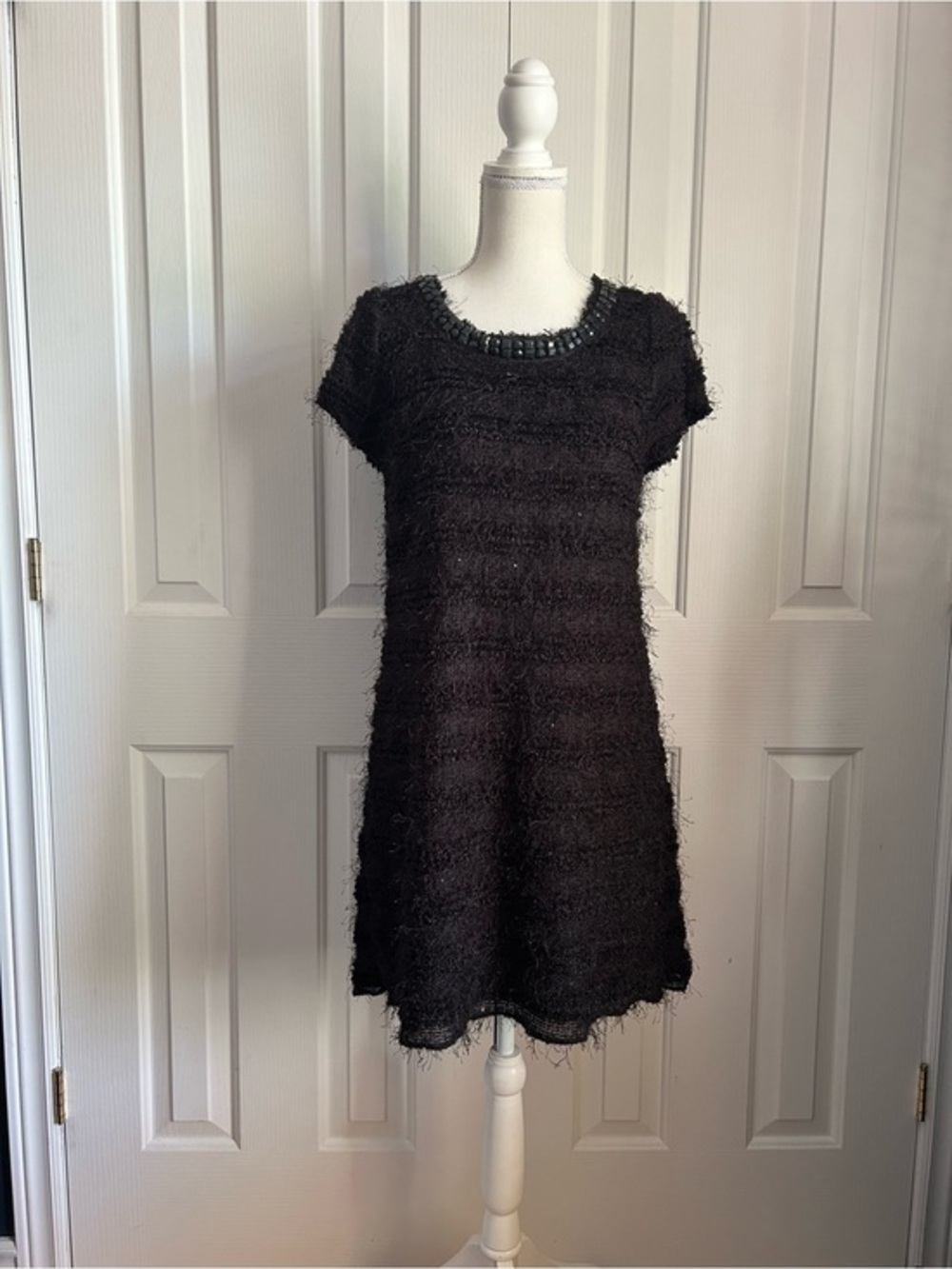 RINASCIMENTO Textured Fabric Midi Dress, Embellished Neck, Black, Size Medium